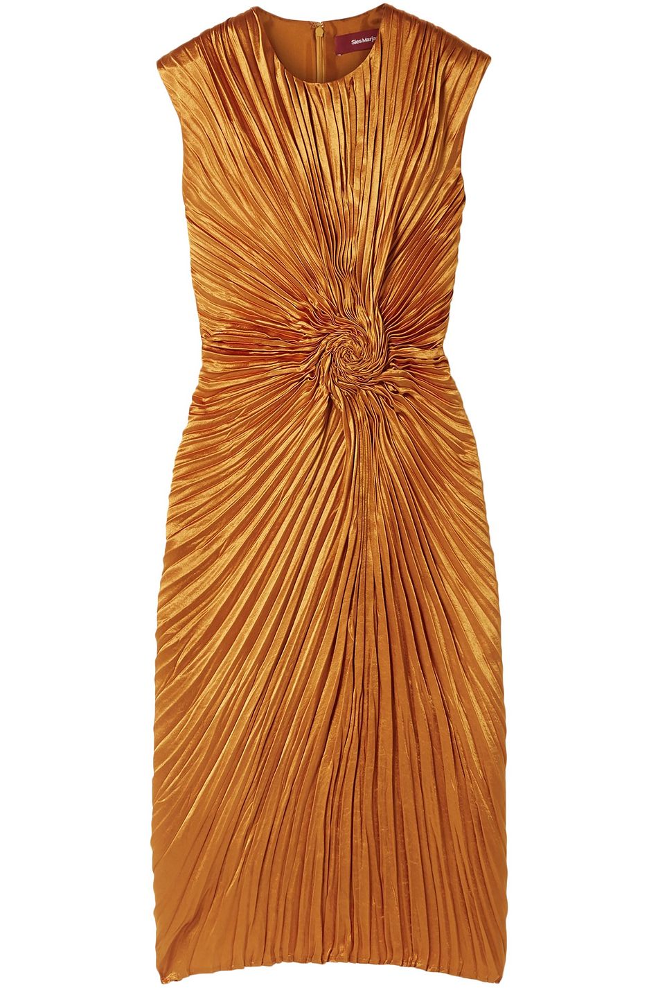 pleated satin midi dress