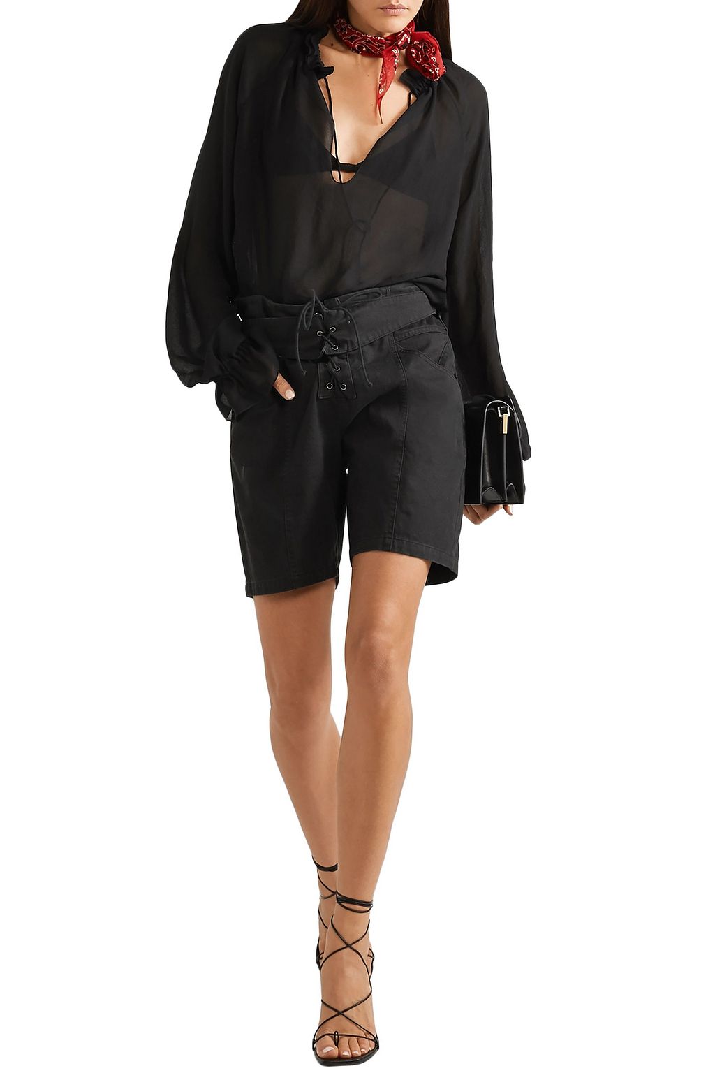 SAINT LAURENT Lace-up cotton and ramie-blend twill shorts