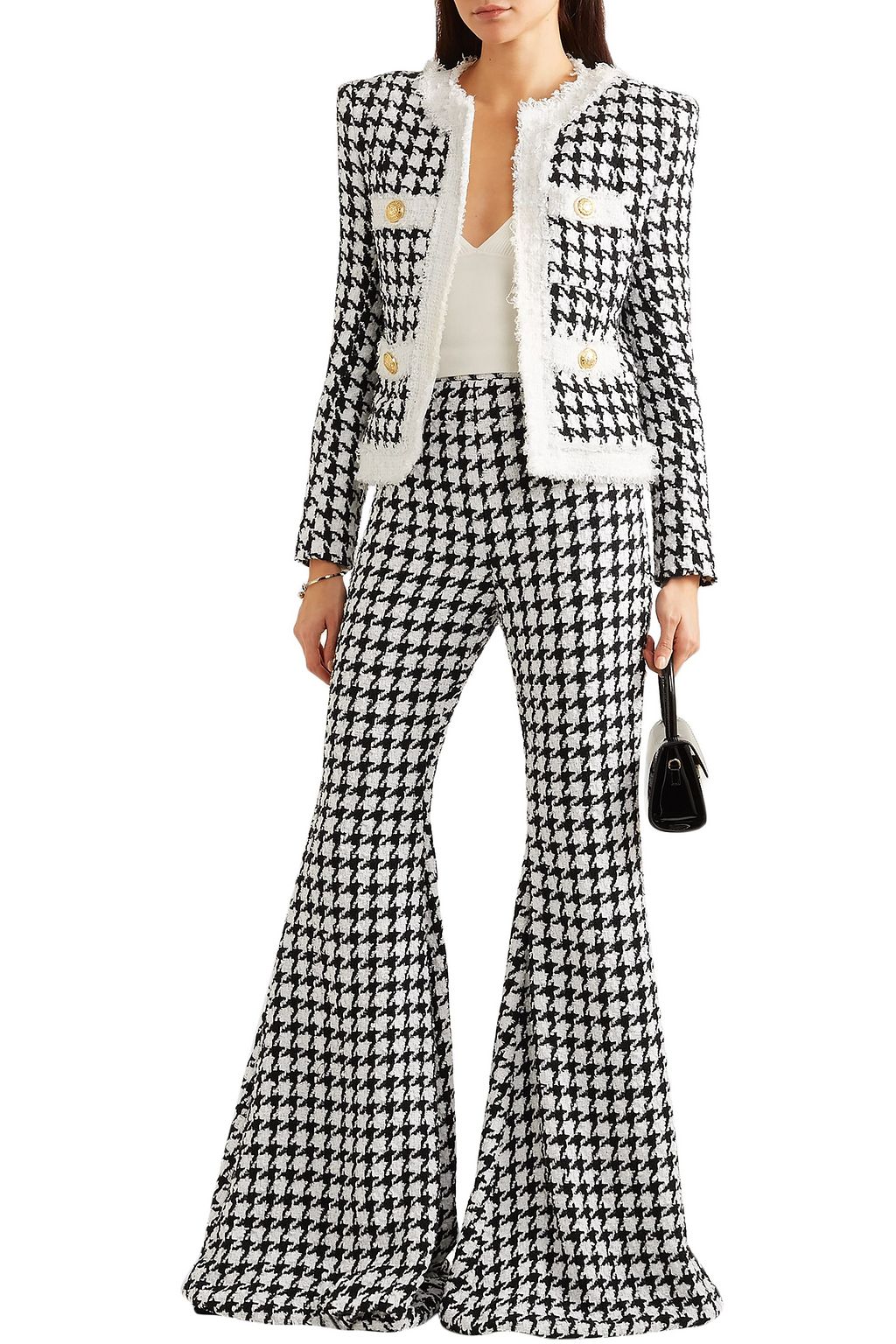 BALMAIN Houndstooth cotton-blend tweed flared pants