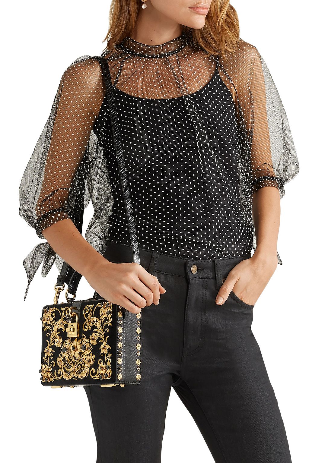 DOLCE&GABBANA Dolce Box embellished embroidered ayers-trimmed velvet shoulder bag