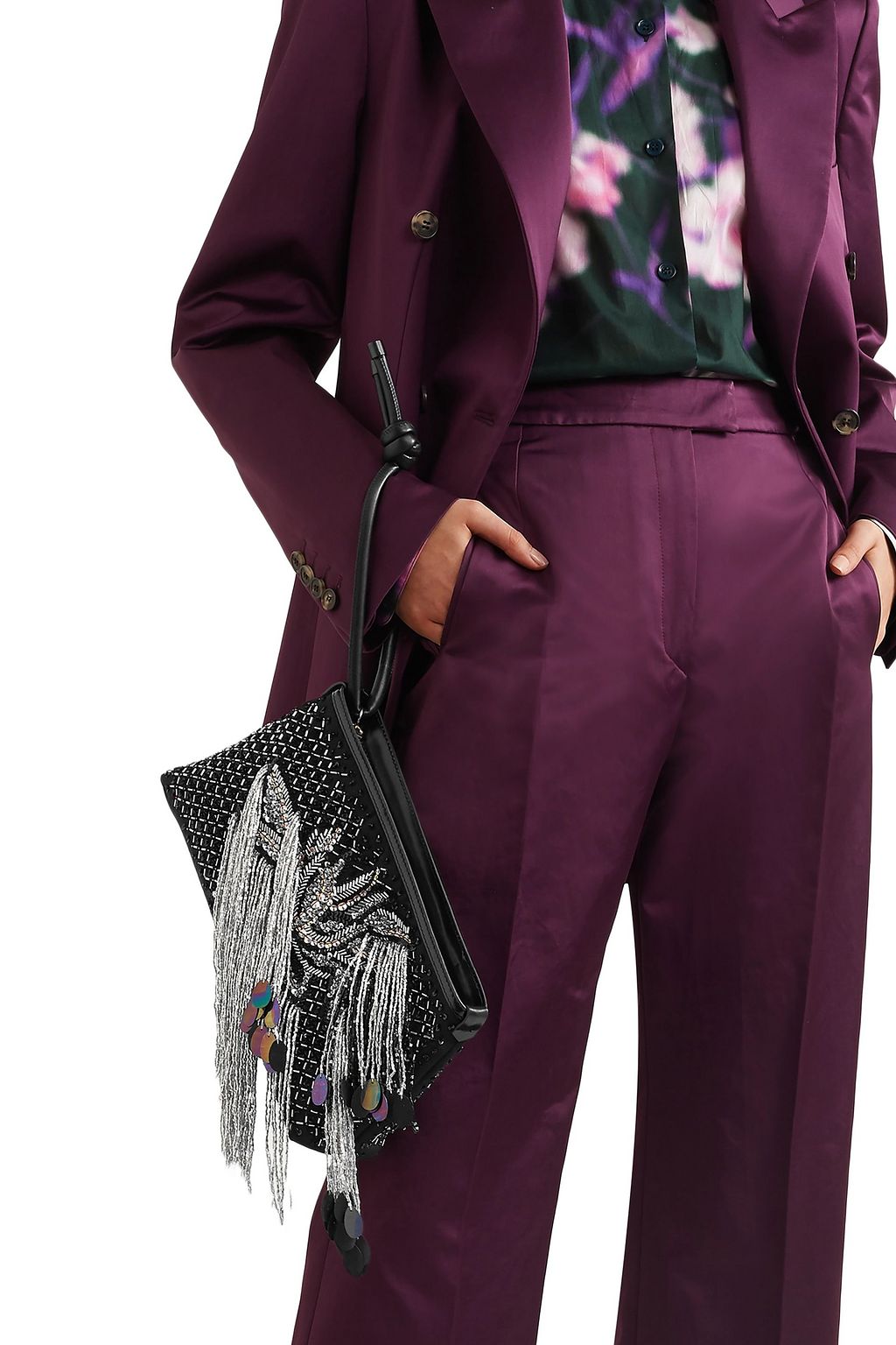DRIES VAN NOTEN Embellished leather-trimmed canvas clutch