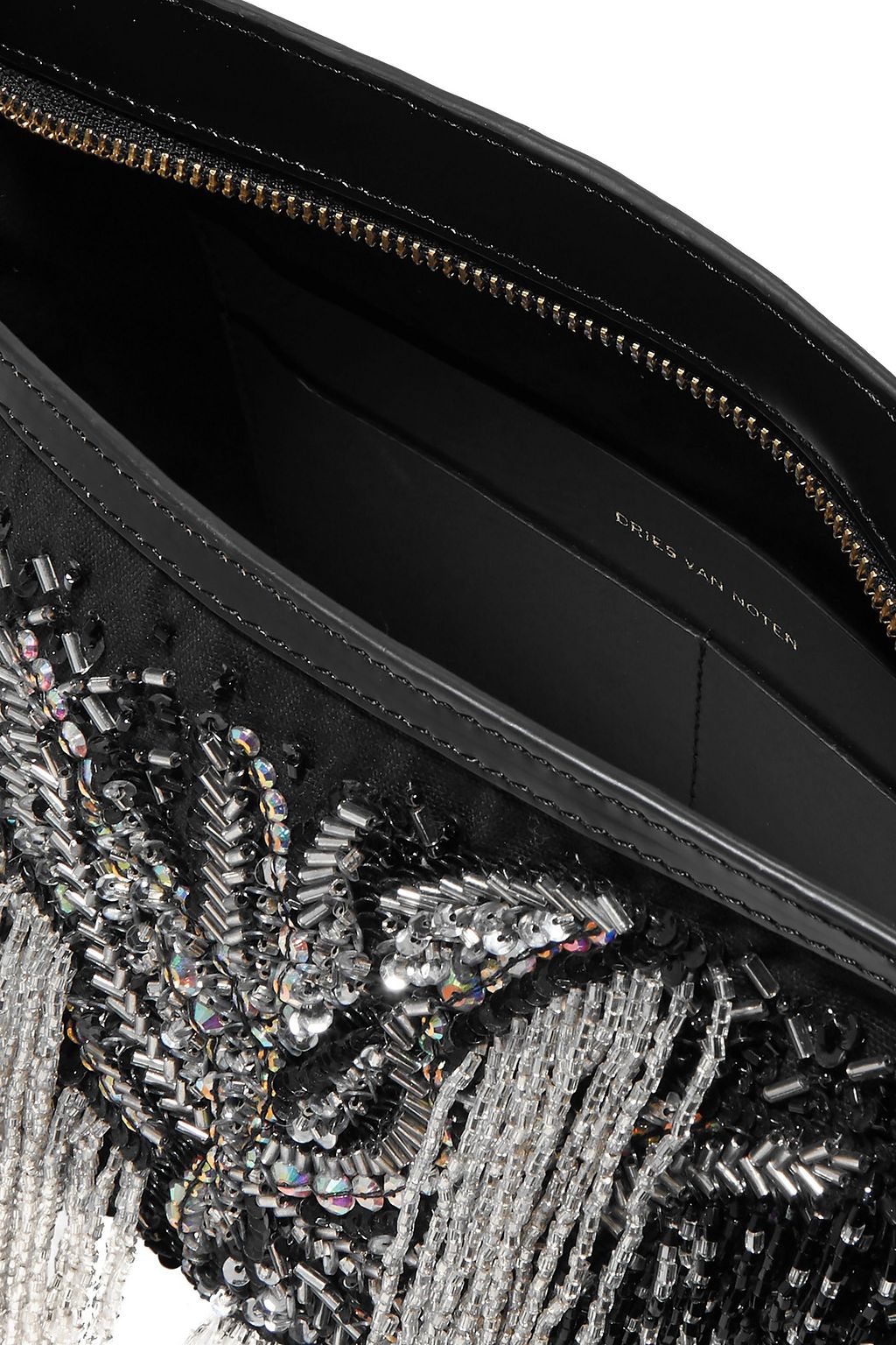 DRIES VAN NOTEN Embellished leather-trimmed canvas clutch
