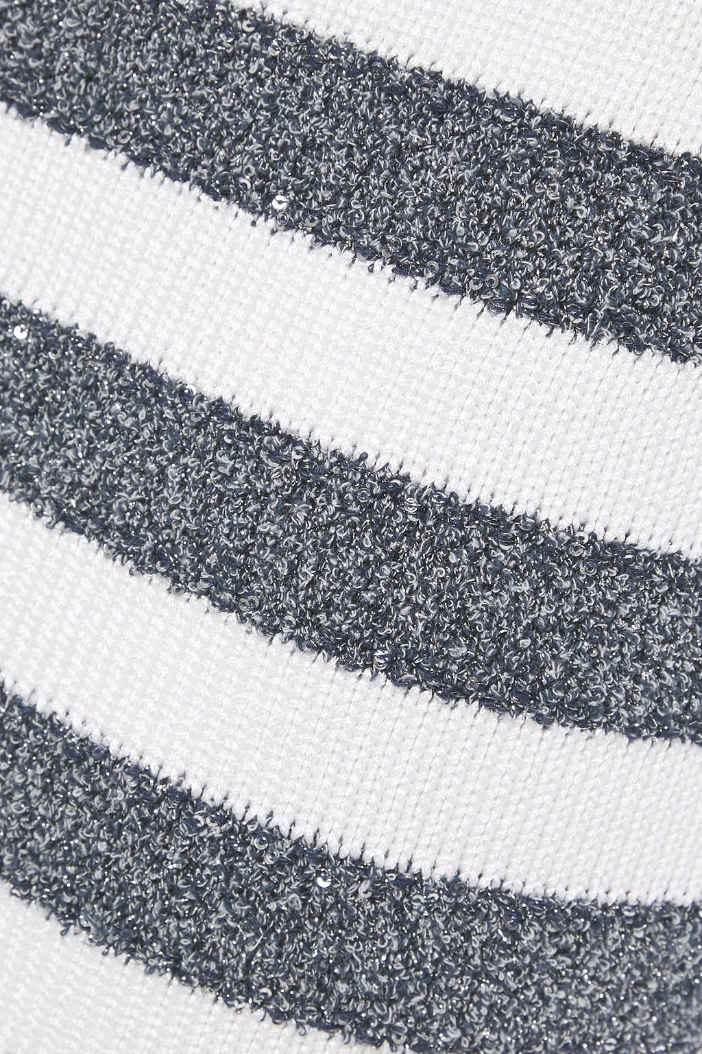 BALMAIN Distressed sequin-embellished striped knitted mini skirt