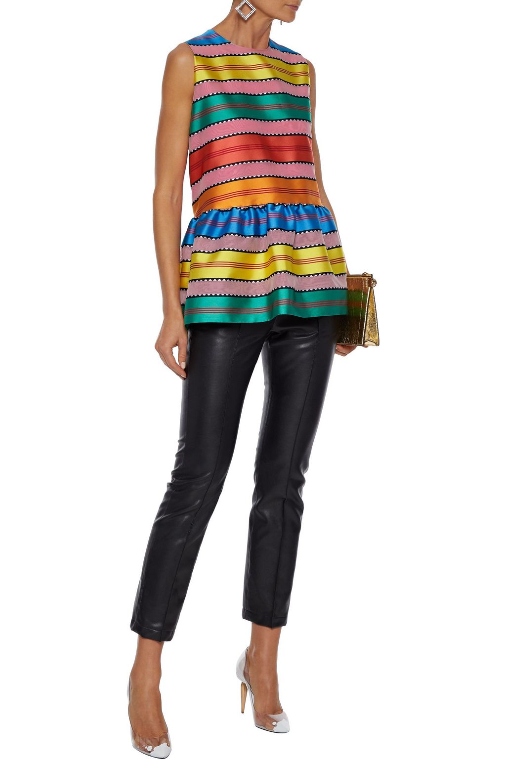 MARY KATRANTZOU Shala striped satin-jacquard and organza peplum top