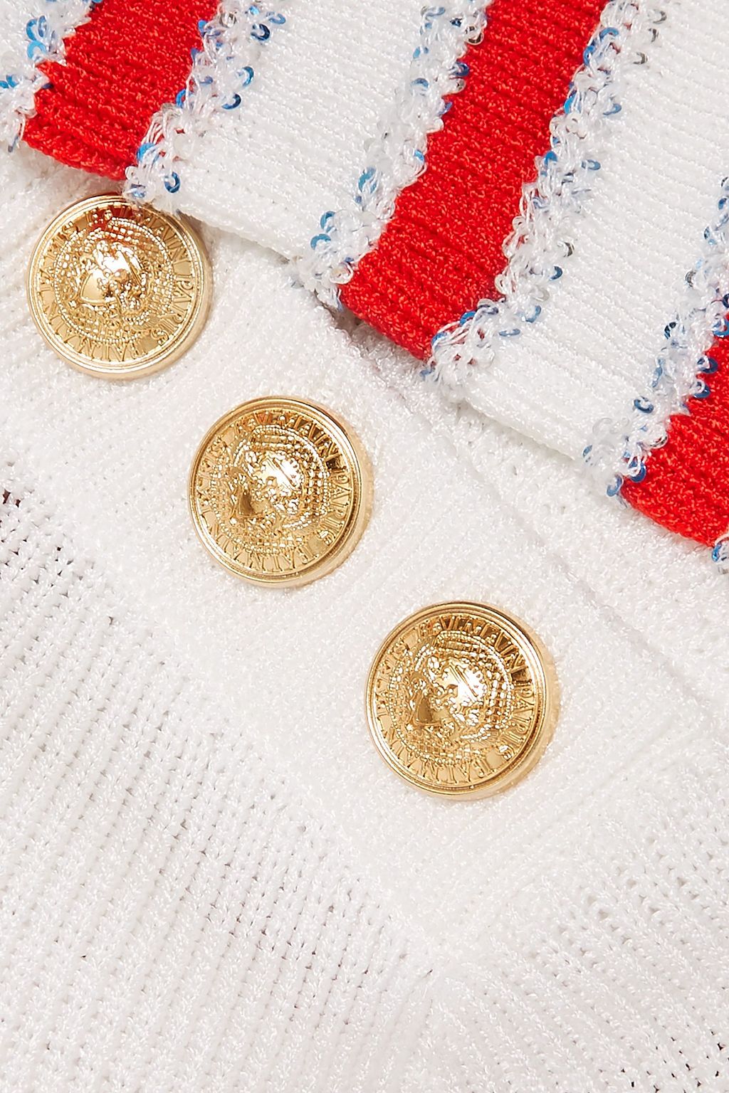 BALMAIN Button-embellished sequined striped stretch-knit mini dress