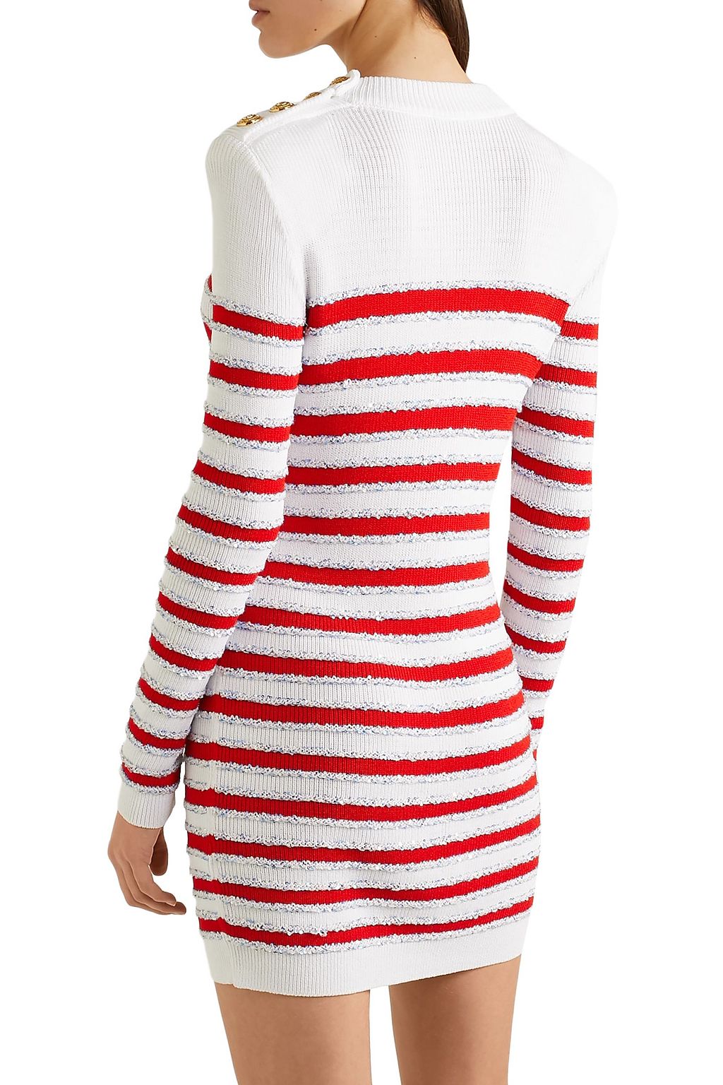 BALMAIN Button-embellished sequined striped stretch-knit mini dress