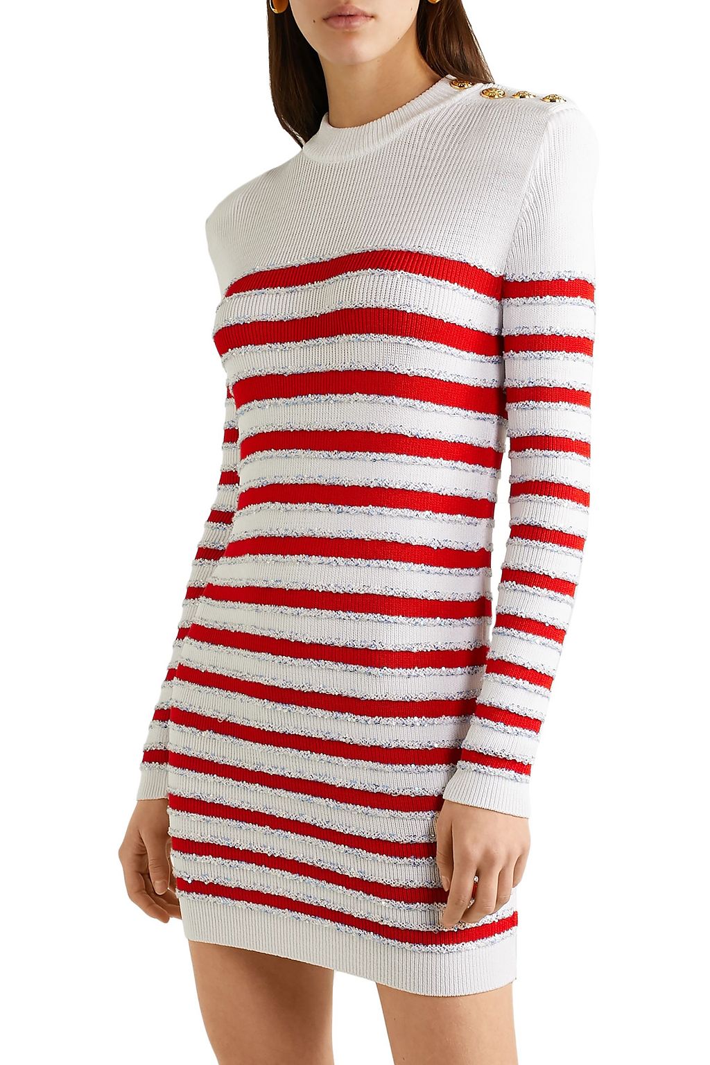 BALMAIN Button-embellished sequined striped stretch-knit mini dress