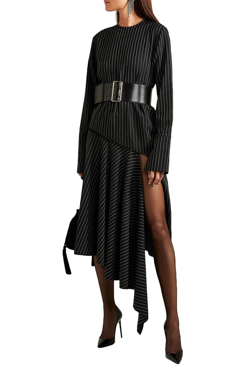 16ARLINGTON Asymmetric draped pinstriped twill dress
