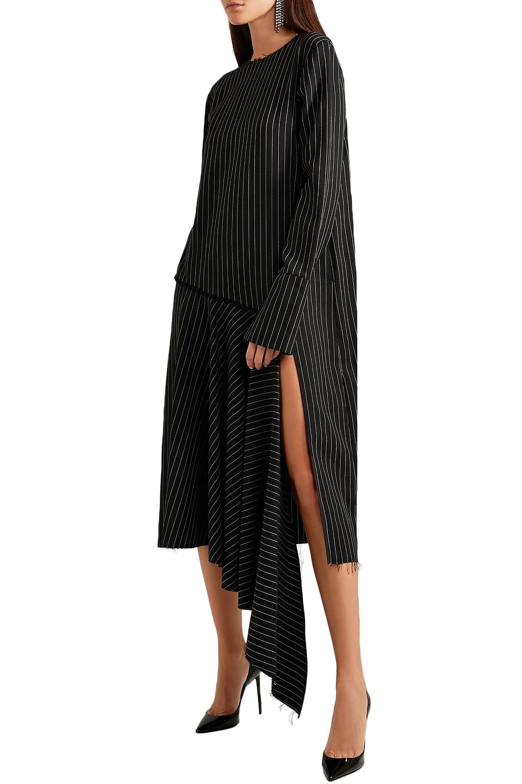 16ARLINGTON Asymmetric draped pinstriped twill dress