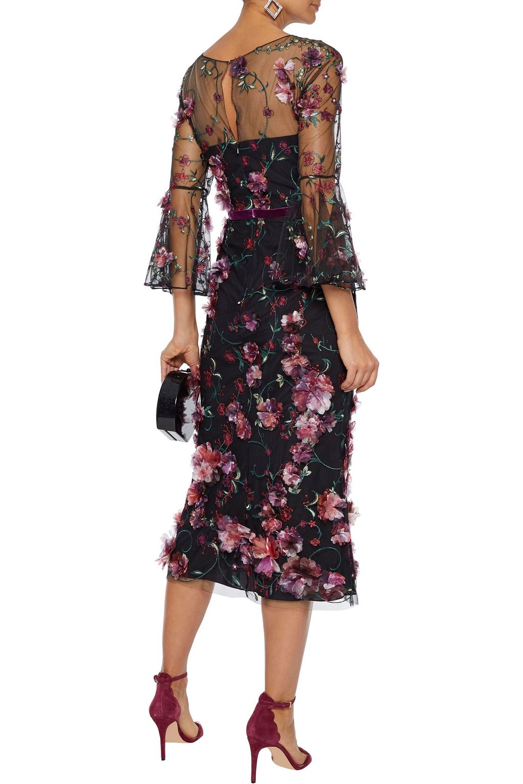 MARCHESA NOTTE Velvet-trimmed embellished tulle midi dress