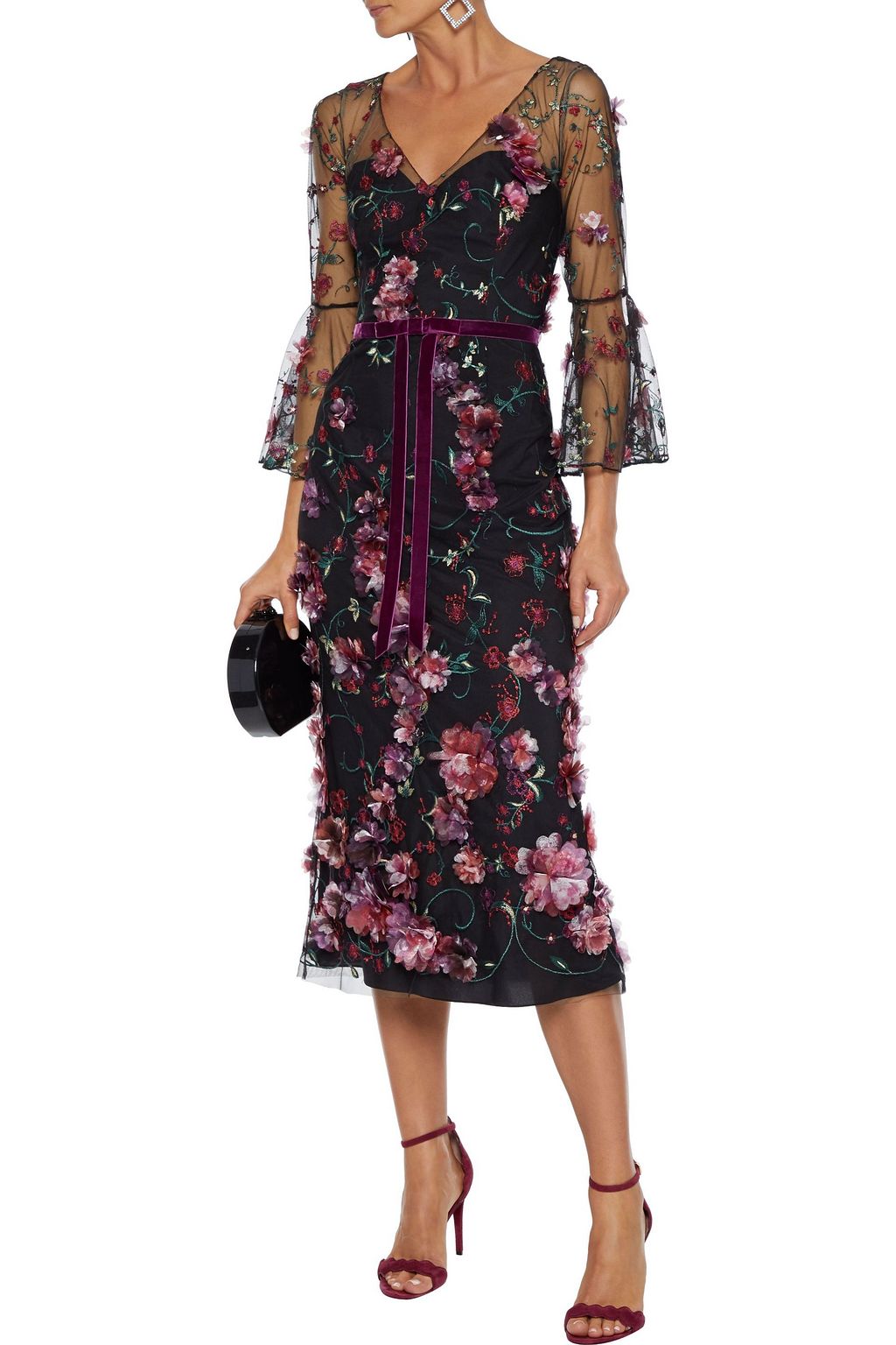 MARCHESA NOTTE Velvet-trimmed embellished tulle midi dress