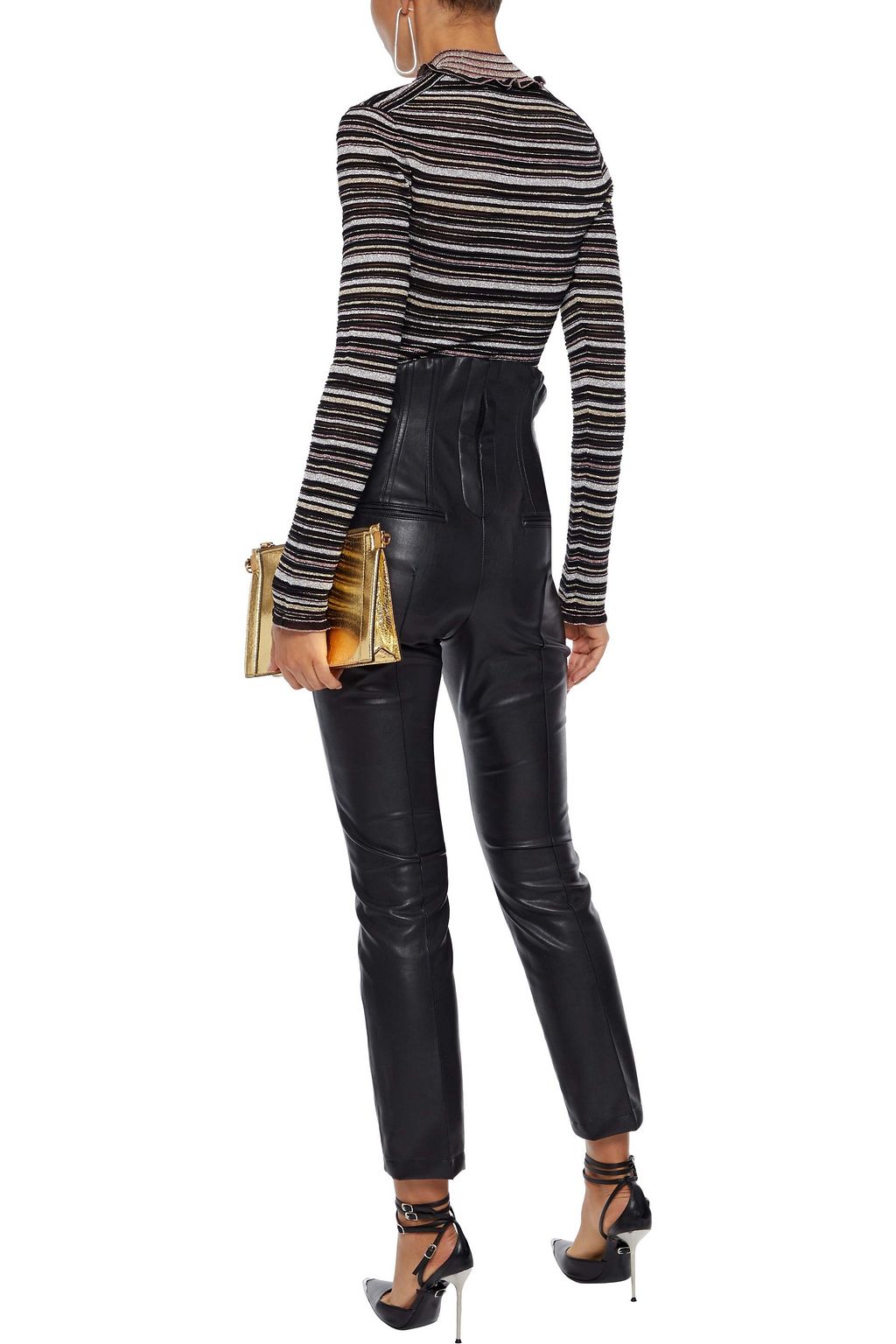 HERVÉ LÉGER Ruffle-trimmed metallic striped mesh top