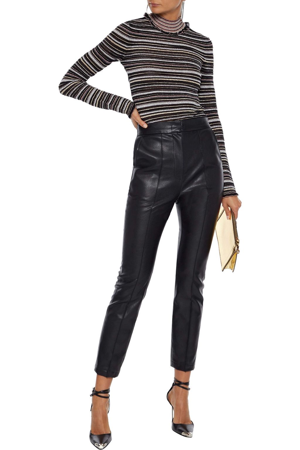 HERVÉ LÉGER Ruffle-trimmed metallic striped mesh top