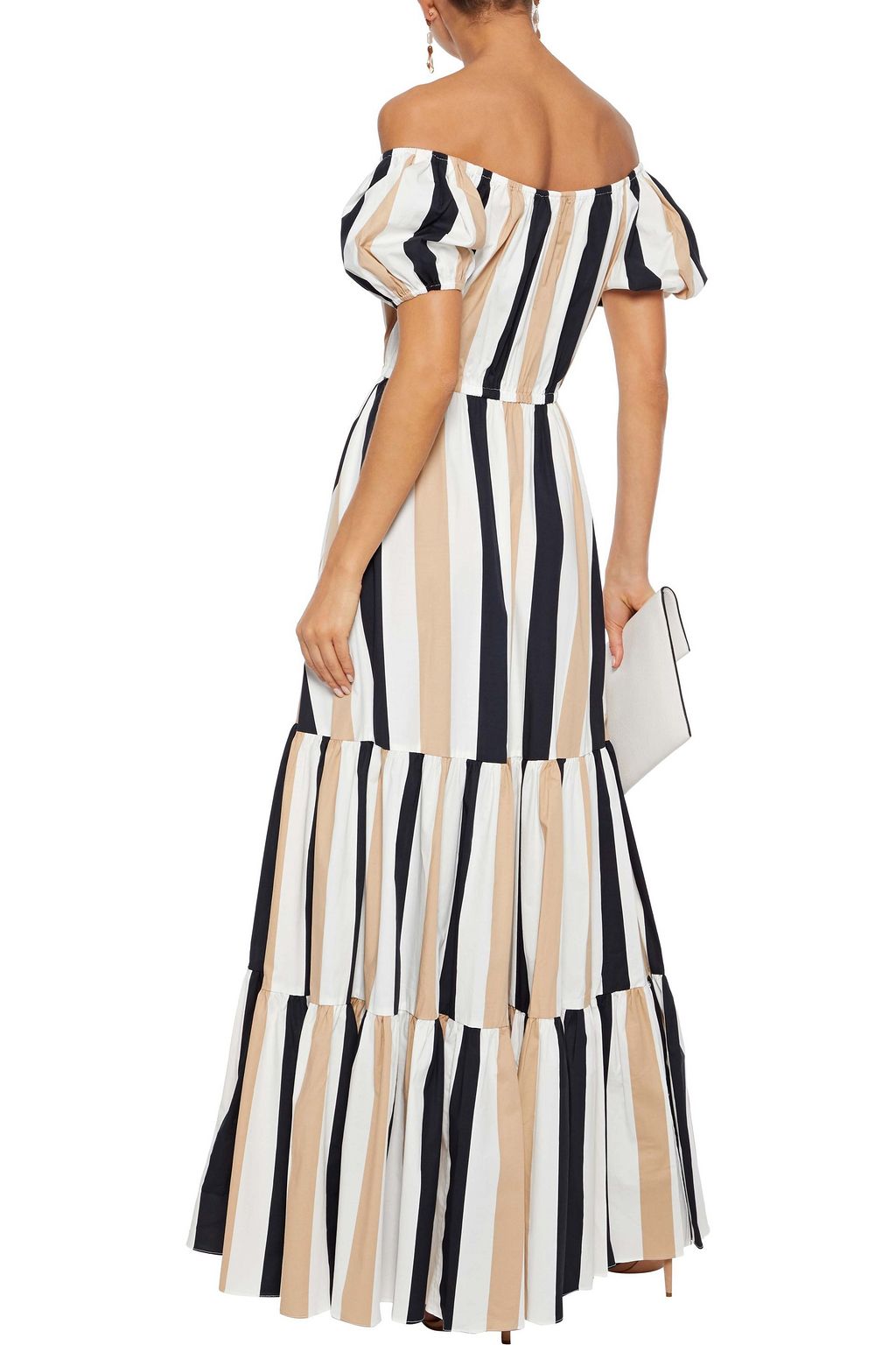 CAROLINE CONSTAS Bardot off-the-shoulder striped stretch-cotton poplin maxi dress