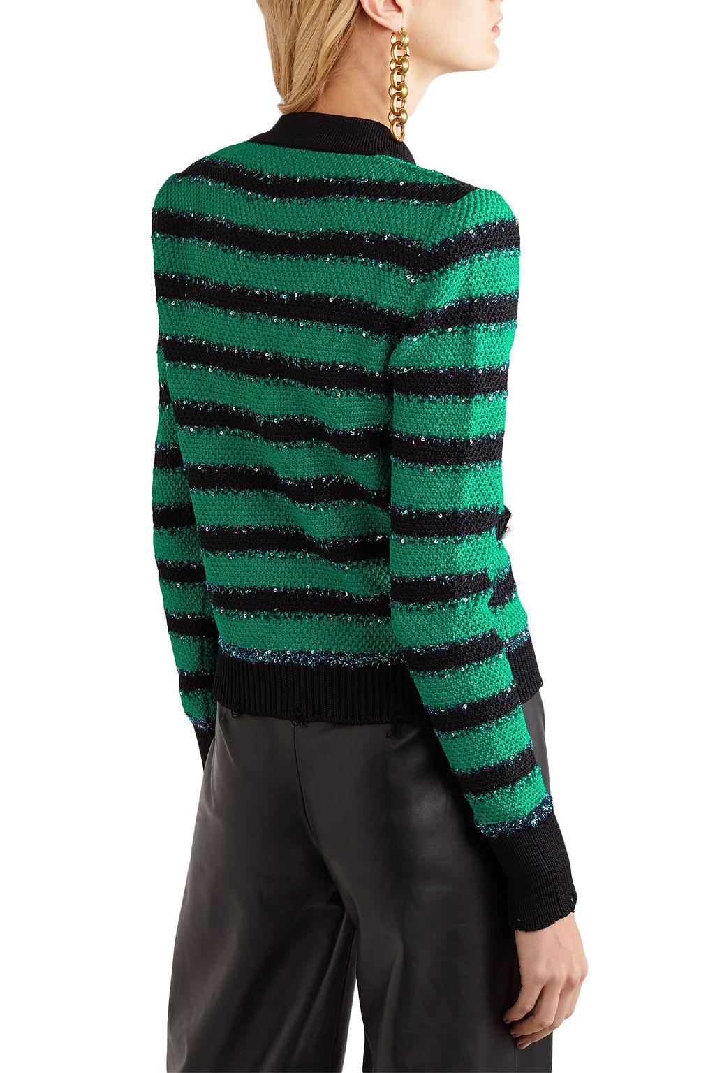 BALMAIN Embellished striped stretch-knit blazer