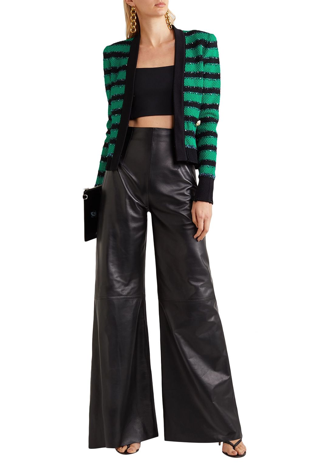 BALMAIN Embellished striped stretch-knit blazer