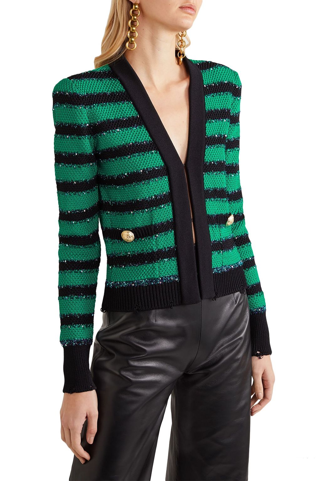 BALMAIN Embellished striped stretch-knit blazer
