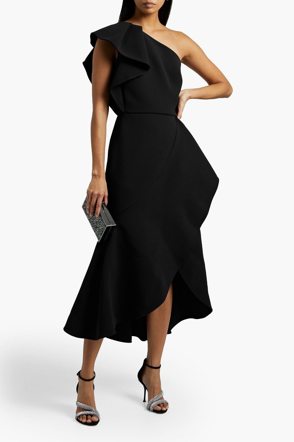 ELIE SAAB One-shoulder ruffled cady midi dress