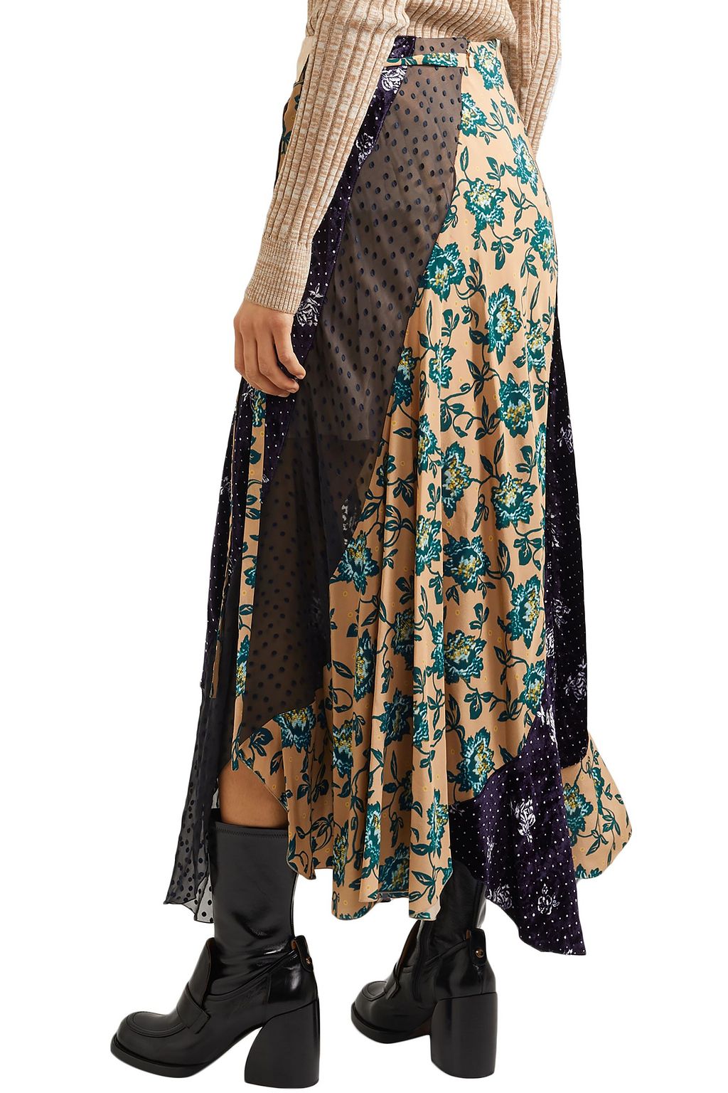 CHLOÉ Paneled printed satin-jacquard, velvet, tulle and crepe skirt