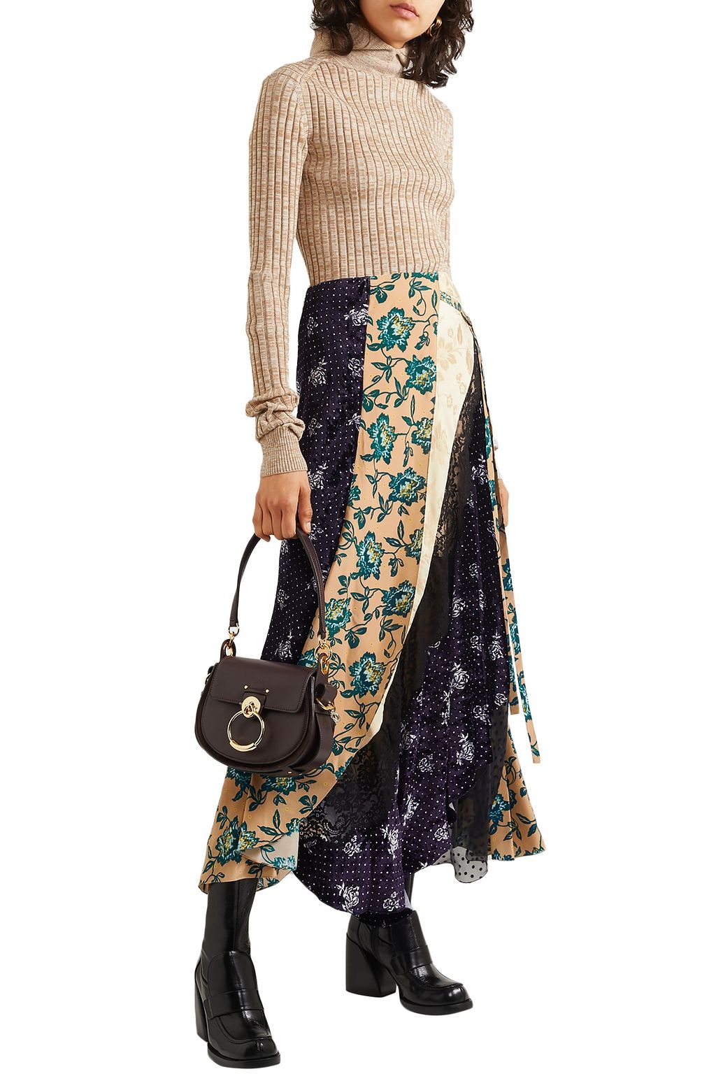 CHLOÉ Paneled printed satin-jacquard, velvet, tulle and crepe skirt