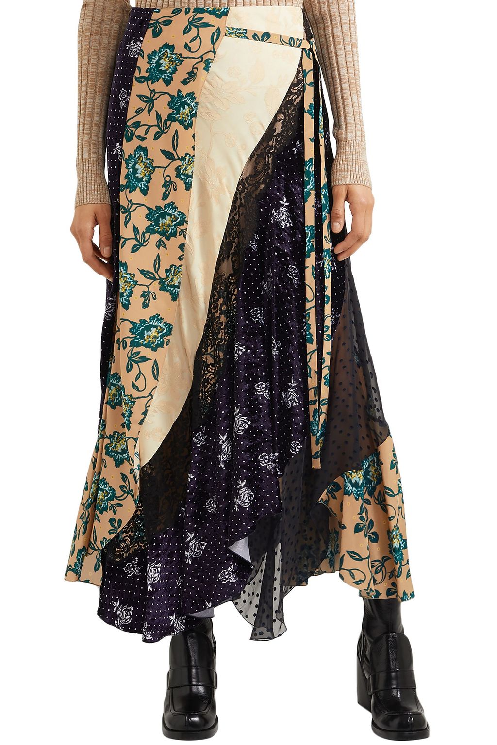 CHLOÉ Paneled printed satin-jacquard, velvet, tulle and crepe skirt