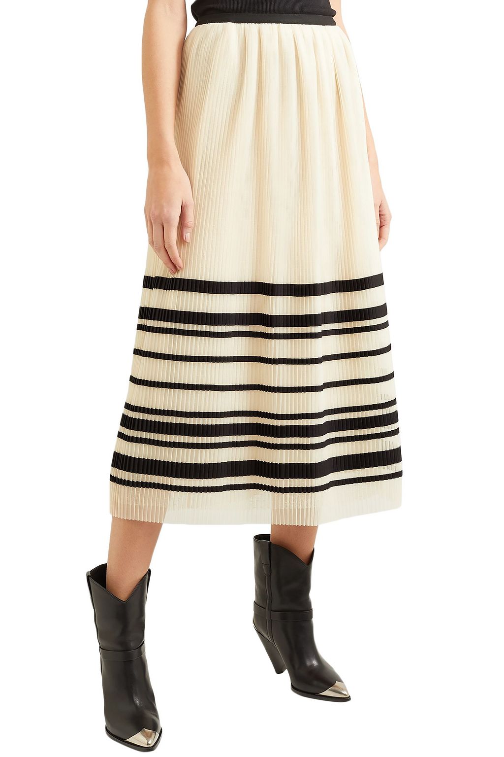 REDVALENTINO Pleated striped tulle midi skirt