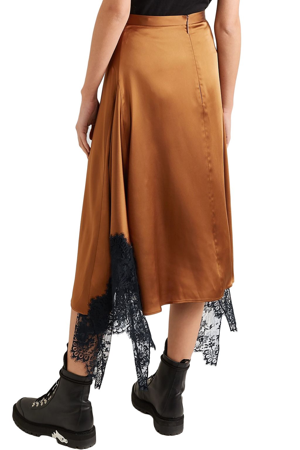CHRISTOPHER KANE Asymmetric Chantilly lace-trimmed satin midi skirt