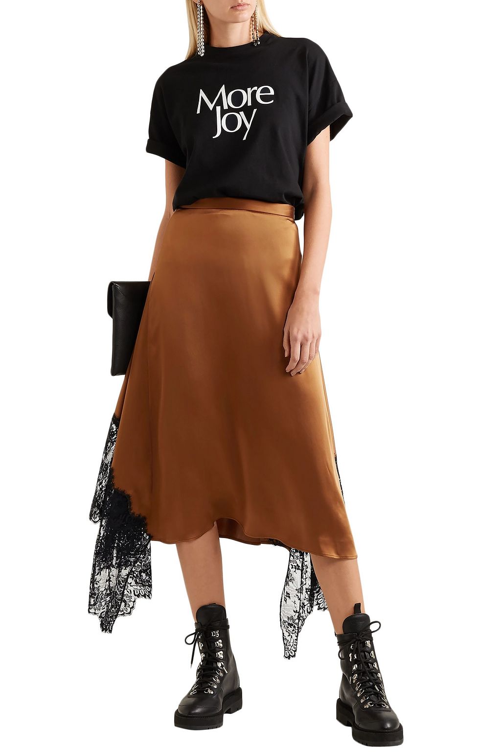 CHRISTOPHER KANE Asymmetric Chantilly lace-trimmed satin midi skirt