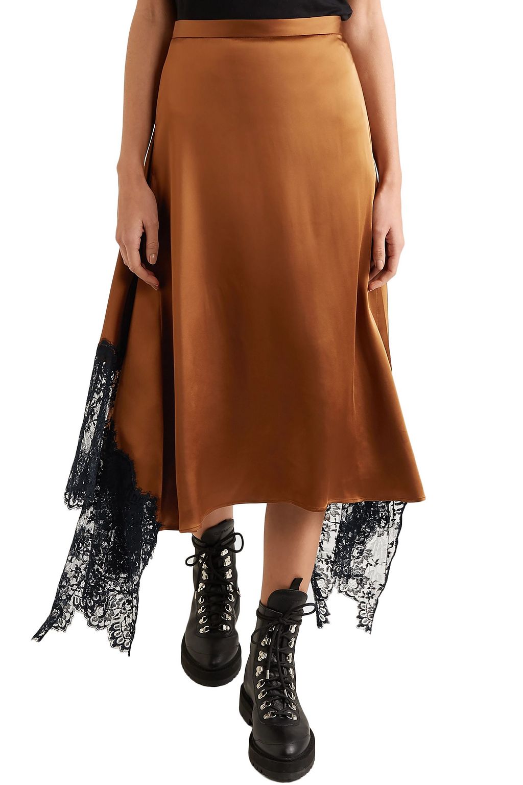 CHRISTOPHER KANE Asymmetric Chantilly lace-trimmed satin midi skirt