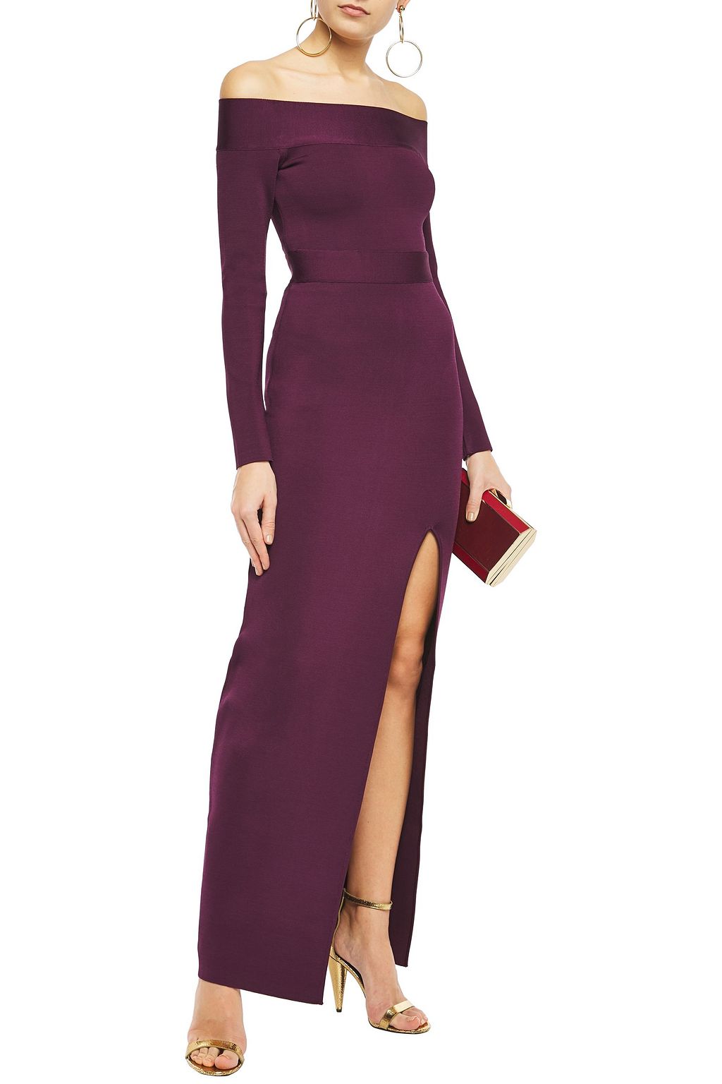 HERVÉ LÉGER Off-the-shoulder split-front bandage gown