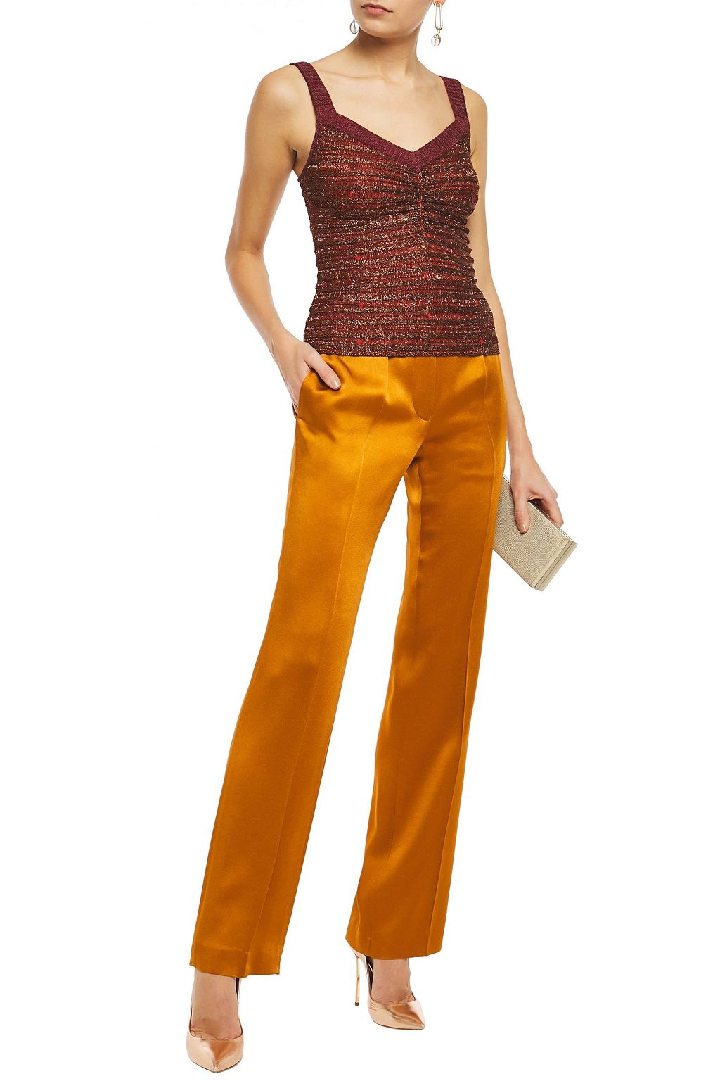 HERVÉ LÉGER Ruched metallic striped stretch-knit top