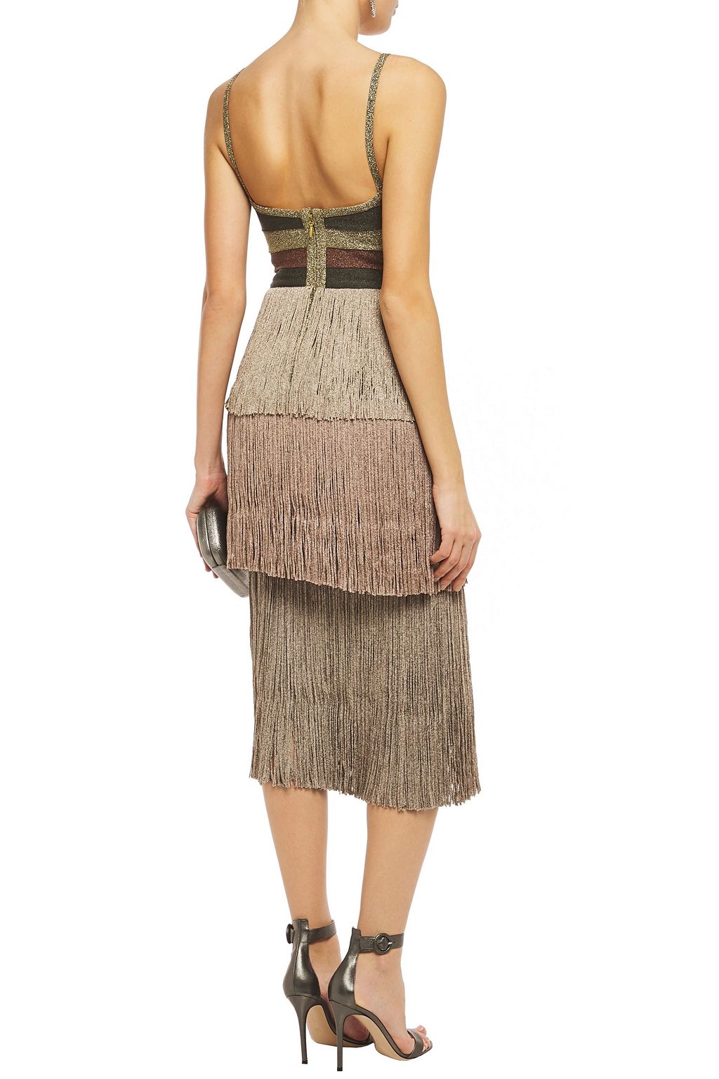 HERVÉ LÉGER Fringed striped metallic bandage midi dress
