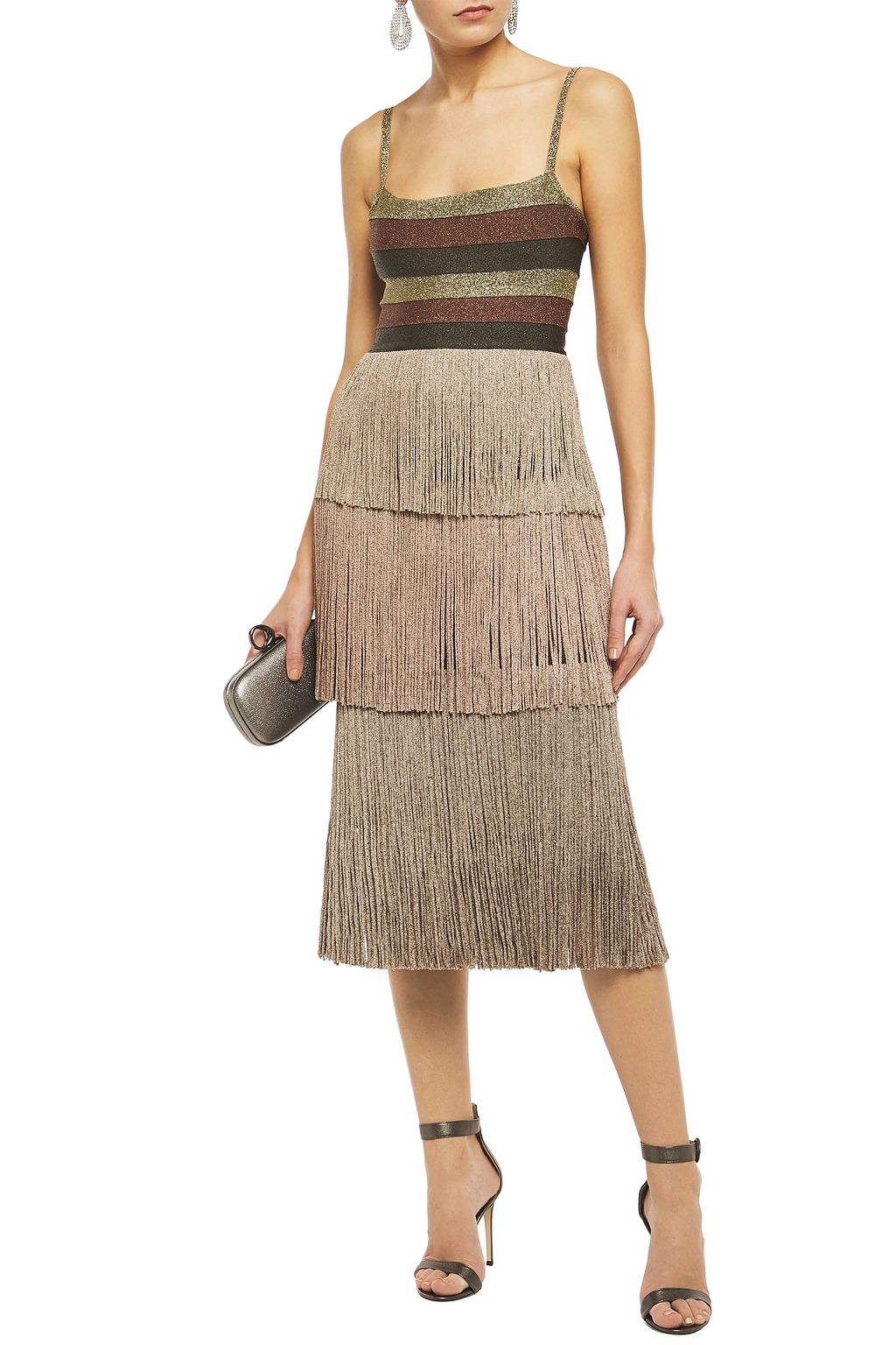 HERVÉ LÉGER Fringed striped metallic bandage midi dress