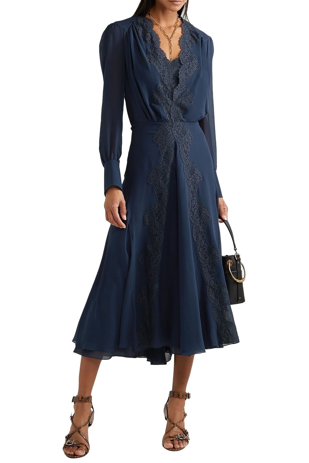CHLOÉ Lace-trimmed silk crepe de chine midi dress