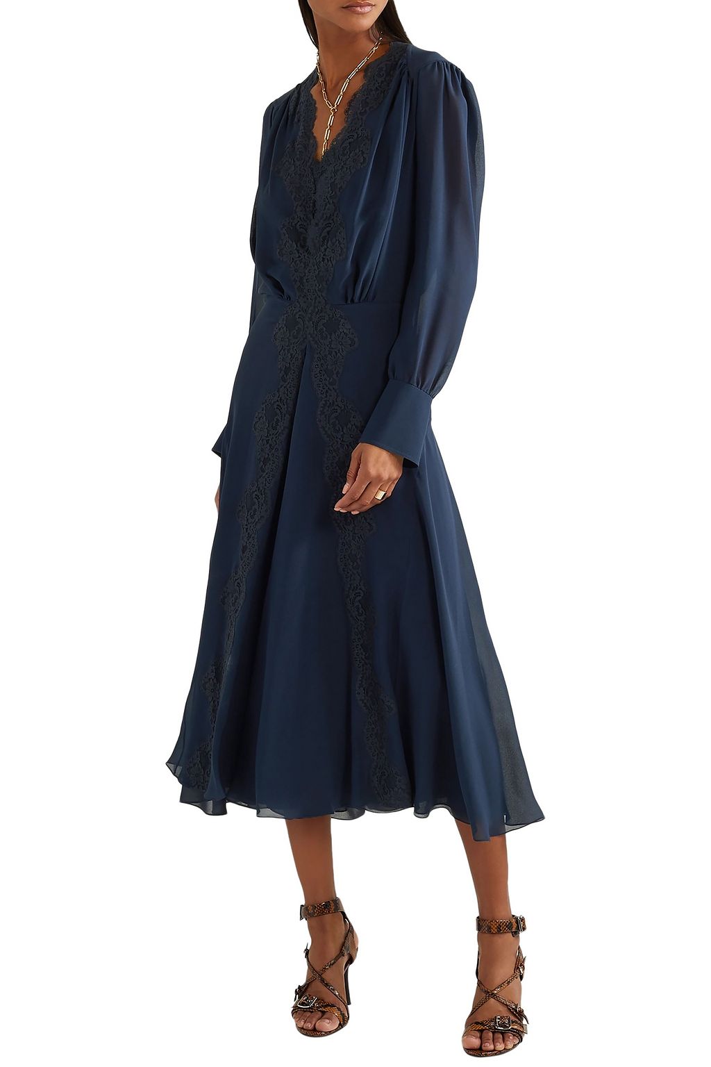 CHLOÉ Lace-trimmed silk crepe de chine midi dress