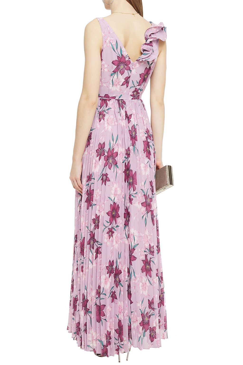 ML MONIQUE LHUILLIER Ruffled pleated floral-print crepe de chine gown