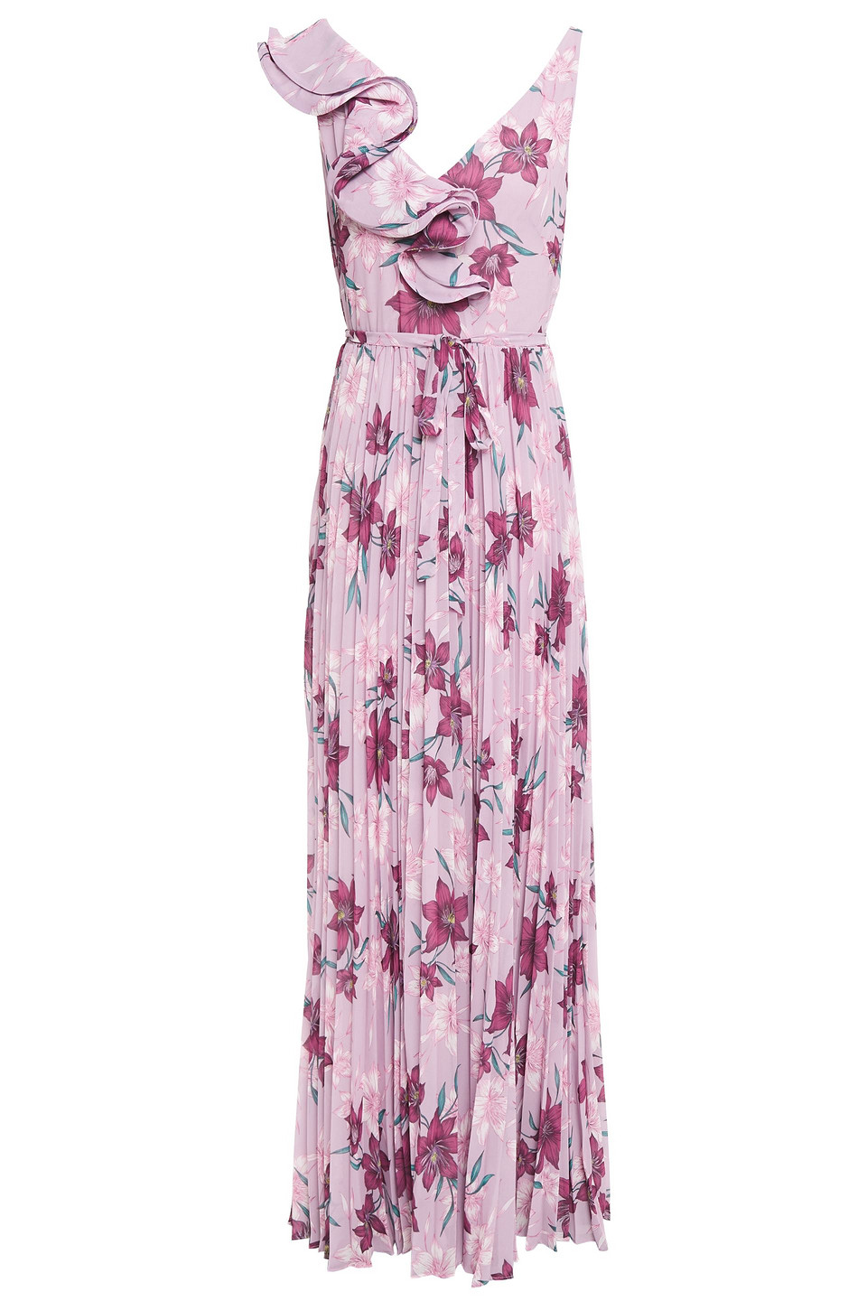 Ml Monique Lhuillier Woman Ruffled Pleated Floral-print Crepe De Chine Gown Lilac Size 8