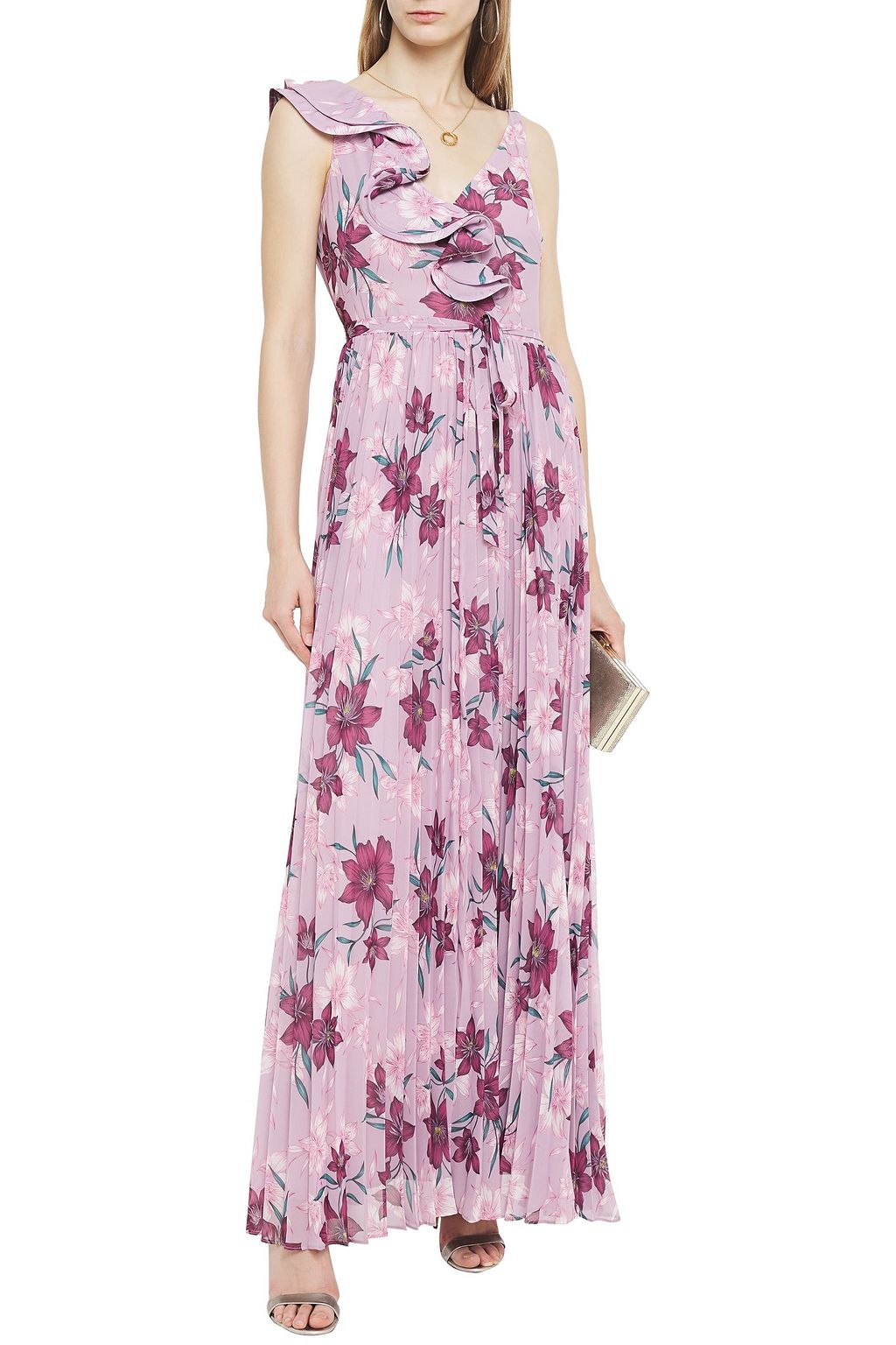 ML MONIQUE LHUILLIER Ruffled pleated floral-print crepe de chine gown