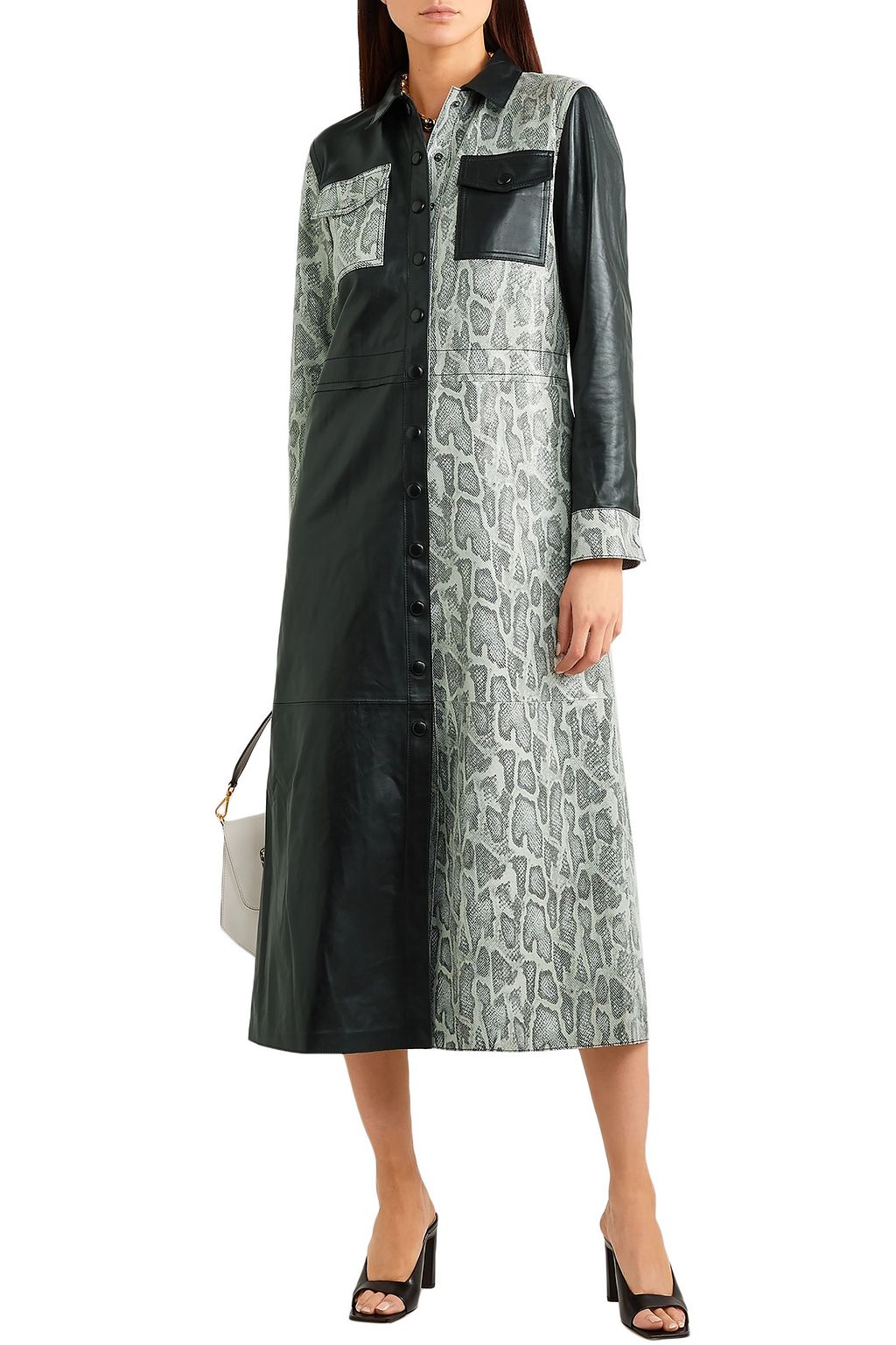 STAND STUDIO Elizabeth paneled snake-effect leather midi dress