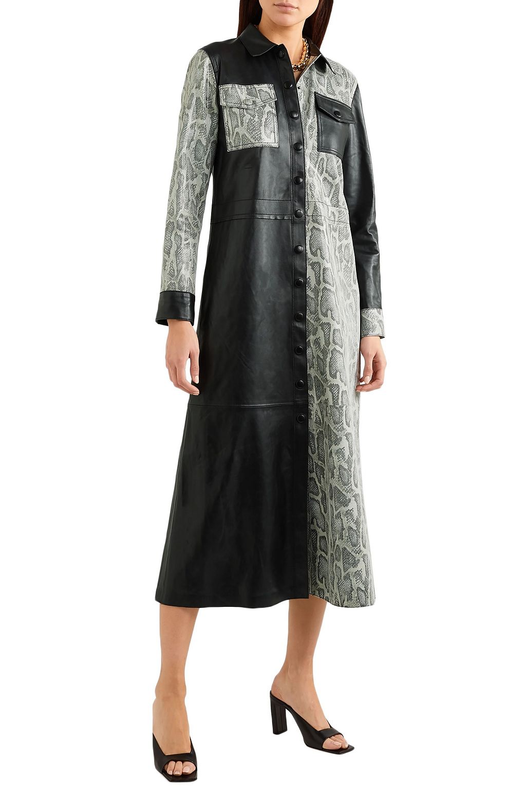 STAND STUDIO Elizabeth paneled snake-effect leather midi dress