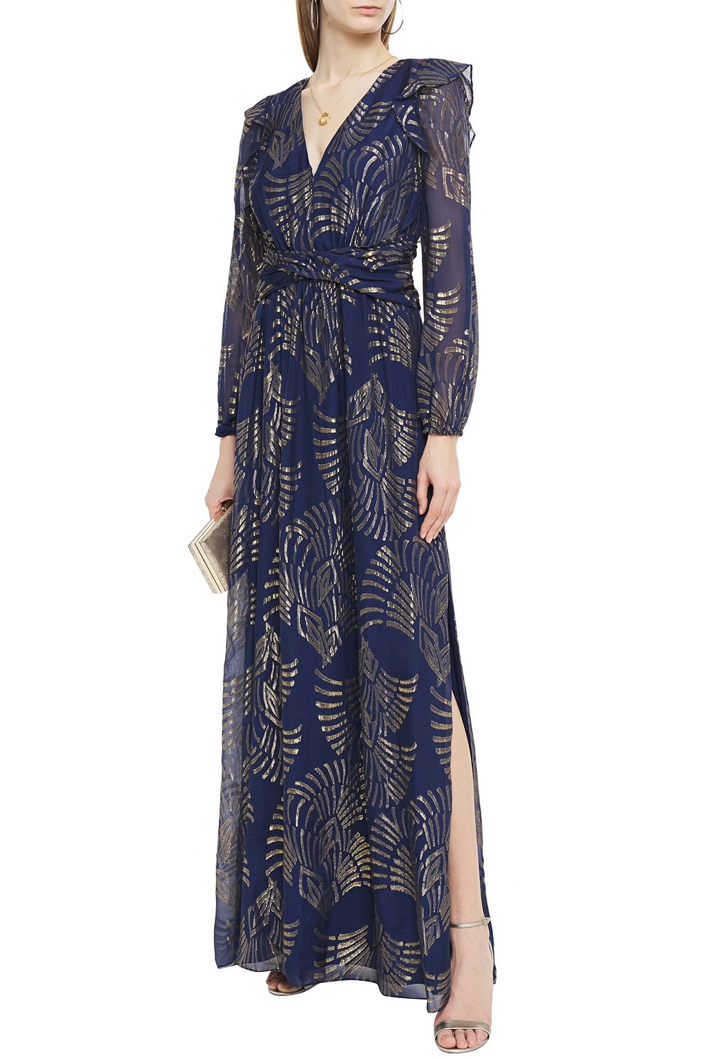 RACHEL ZOE Ruffled metallic fil coupé chiffon gown