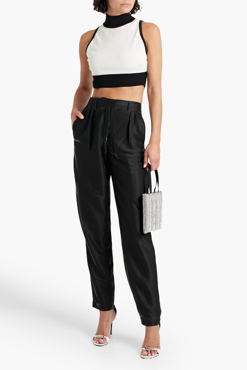 BALMAIN Cropped two-tone jacquard-knit wool-blend top
