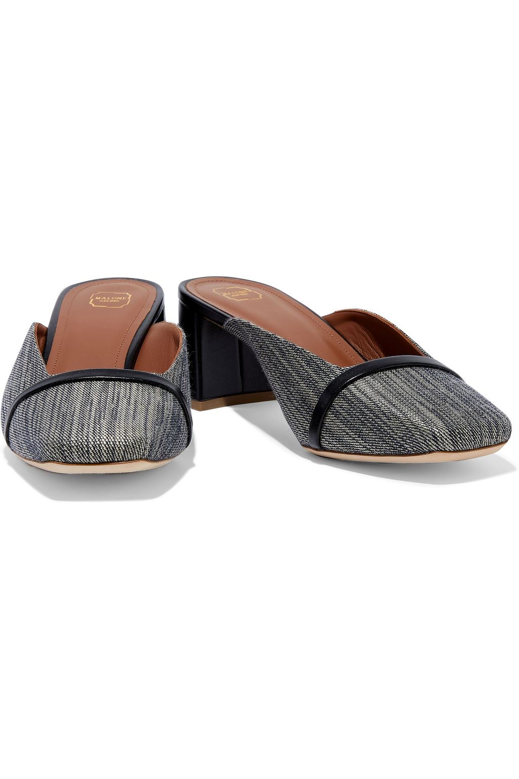 MALONE SOULIERS Carmen 45 leather-trimmed woven raffia mules
