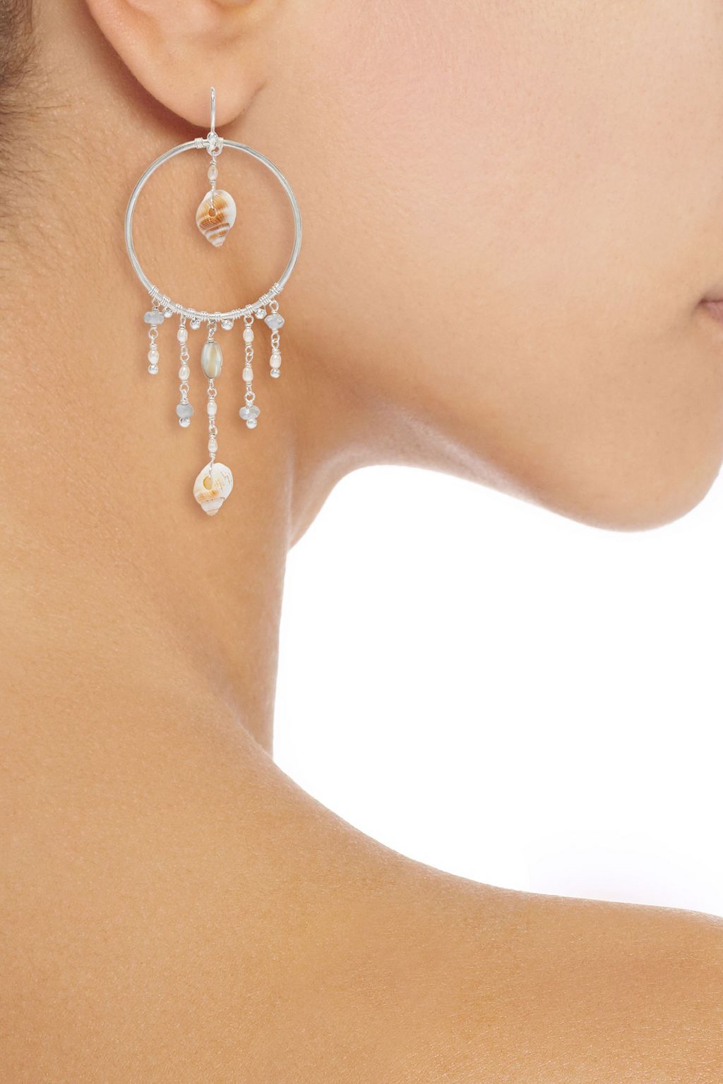 CHAN LUU Silver-tone, freshwater pearl, shell and silverite hoop earrings