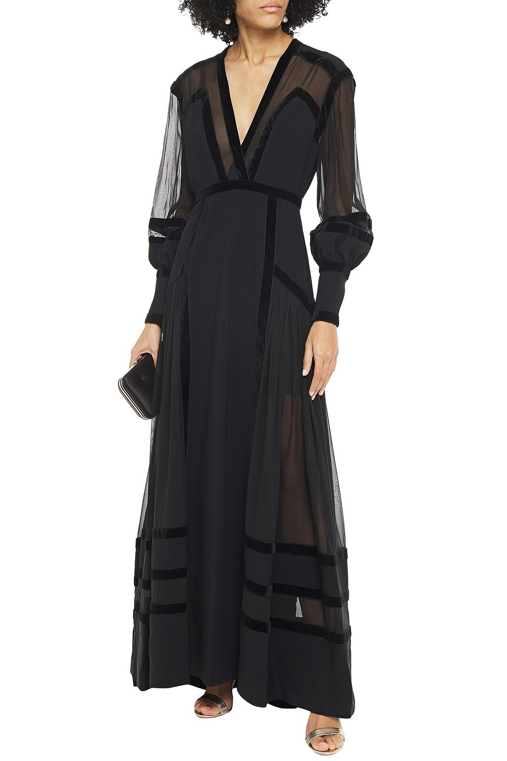 ELIE SAAB Velvet-trimmed silk-blend chiffon and crepe gown