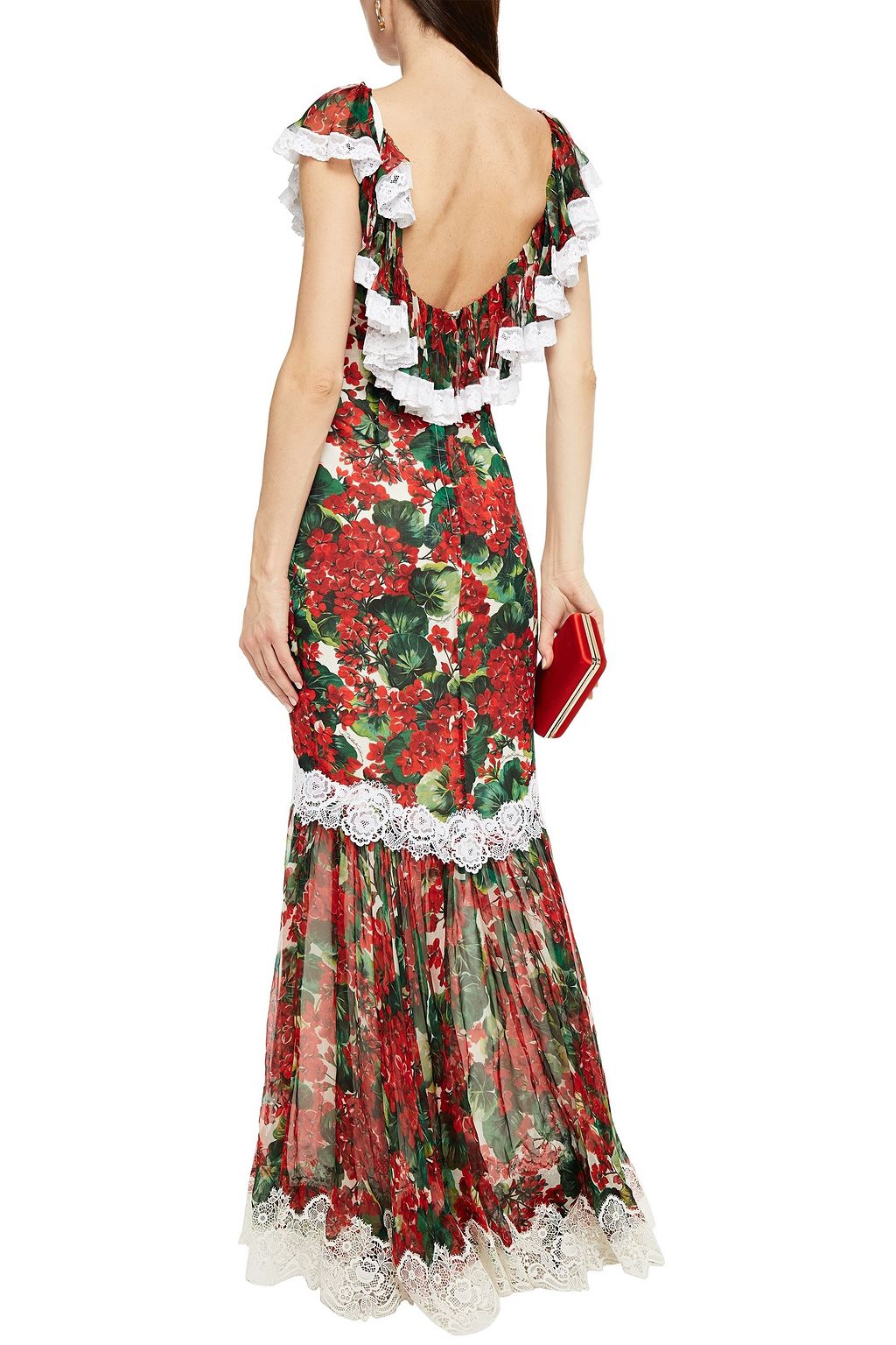 DOLCE&GABBANA Lace-trimmed floral-print silk-blend voile gown