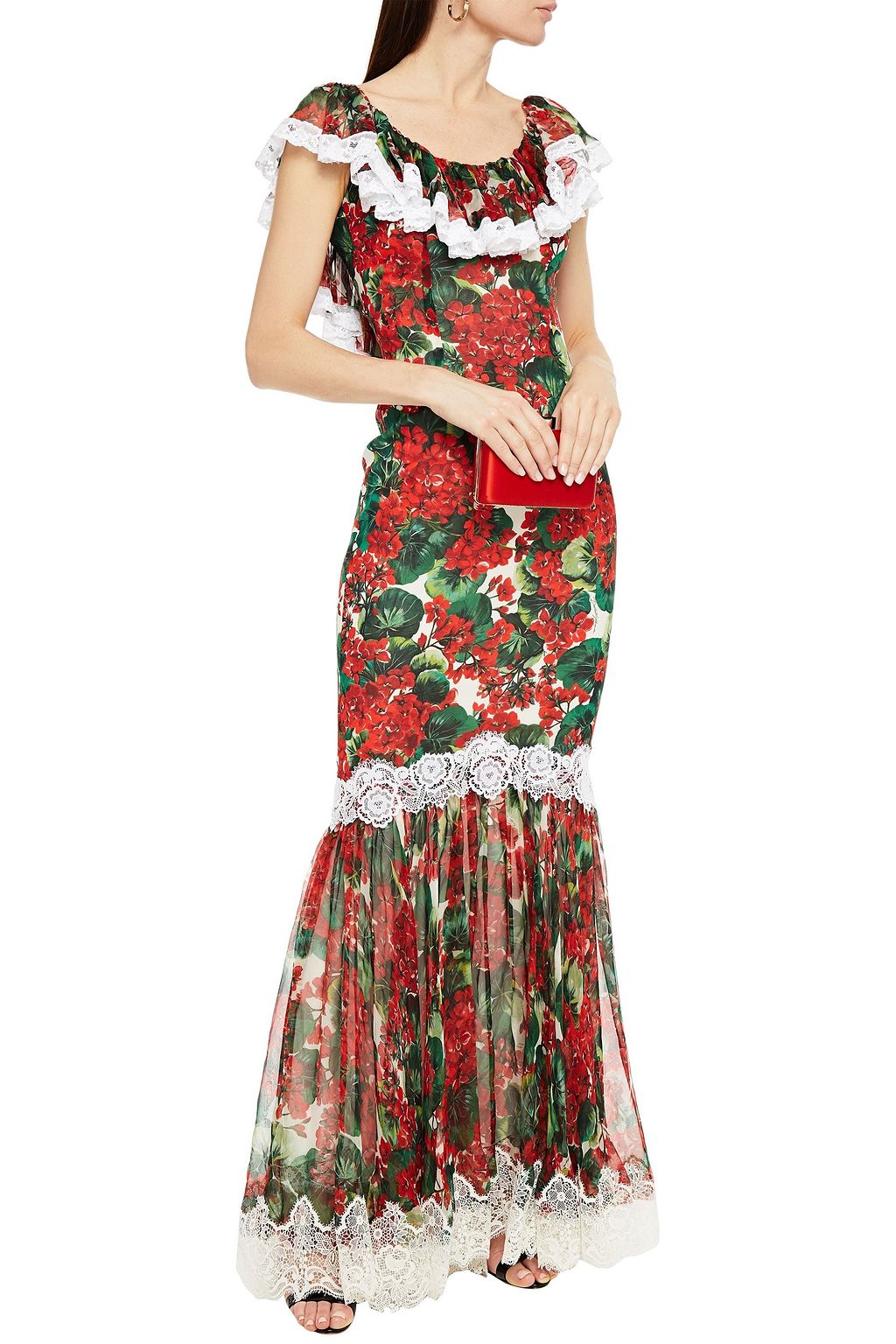 DOLCE&GABBANA Lace-trimmed floral-print silk-blend voile gown