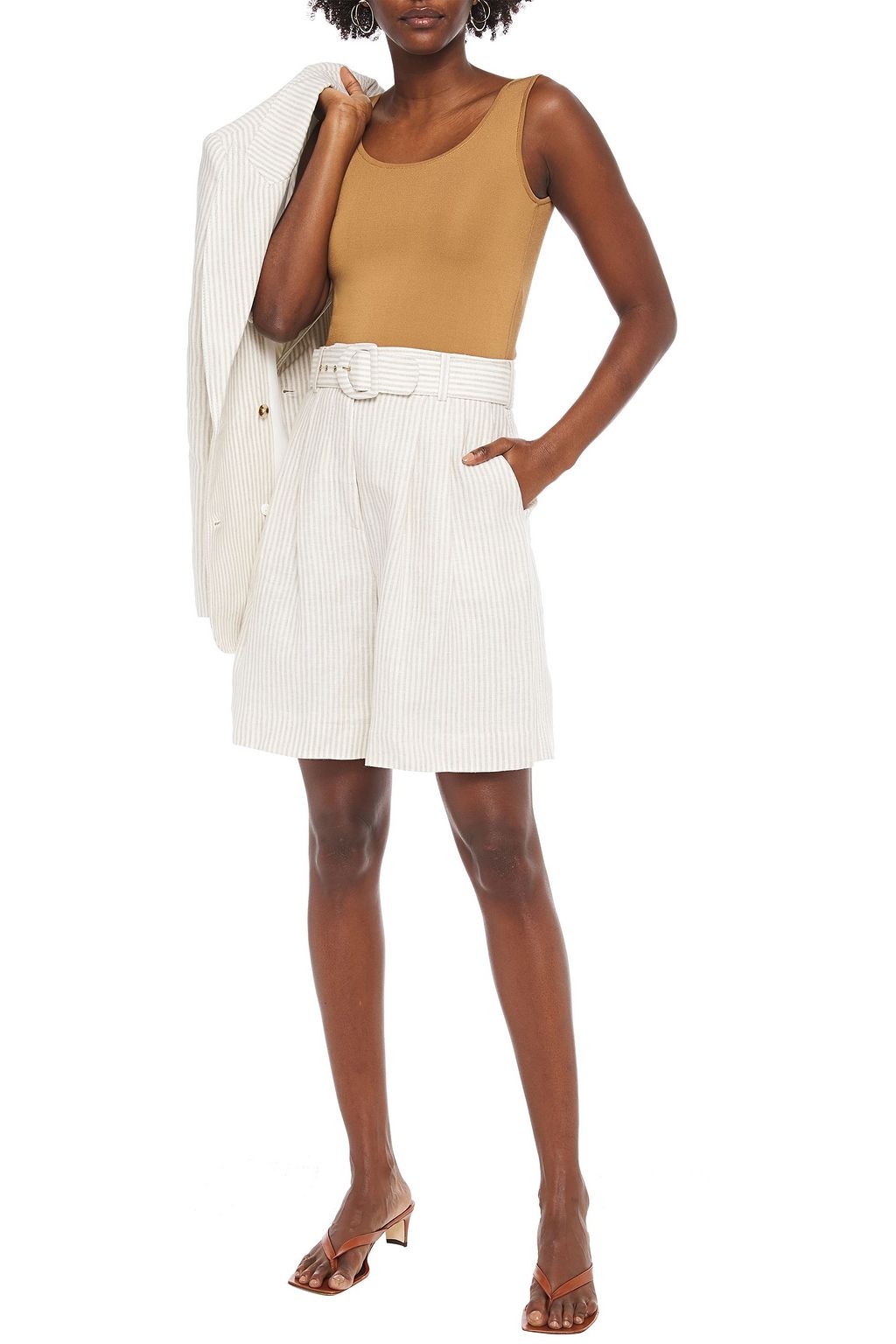 ZIMMERMANN Belted pleated striped linen culottes