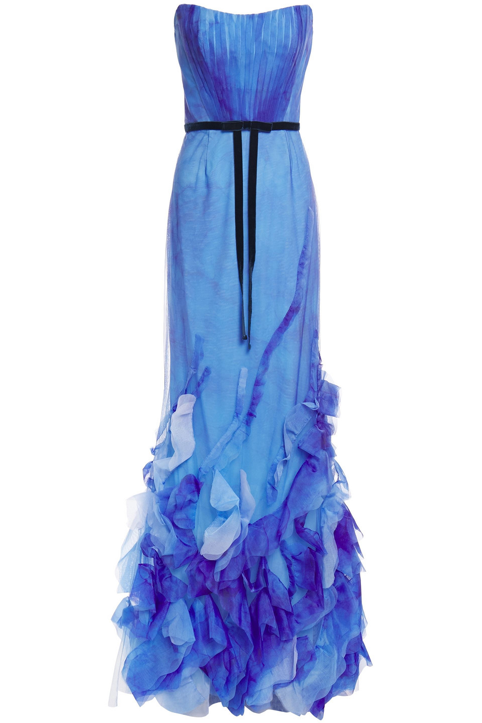Marchesa Notte Woman Strapless Ruffled Organza-trimmed Printed Tulle Gown Blue Size 10