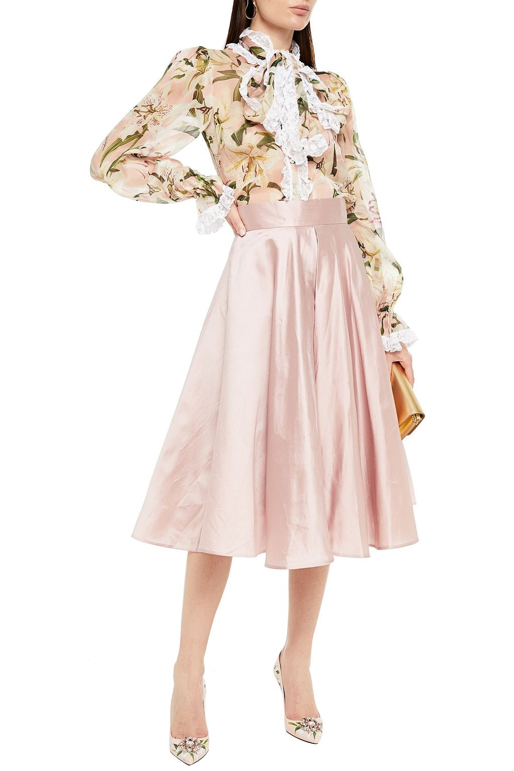 DOLCE&GABBANA Pussy-bow lace-trimmed floral-print silk-blend organza shirt